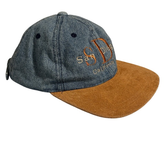 Vintage 90s San Diego Denim Leather Cap Truckers Hat Adjustable Vacation Collect - Picture 3 of 10